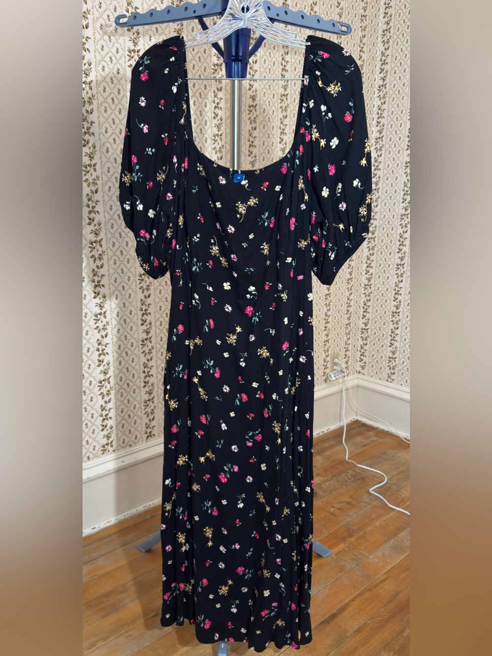 Old Navy Black Floral Print Puff Sleeve Midi Dress 2X